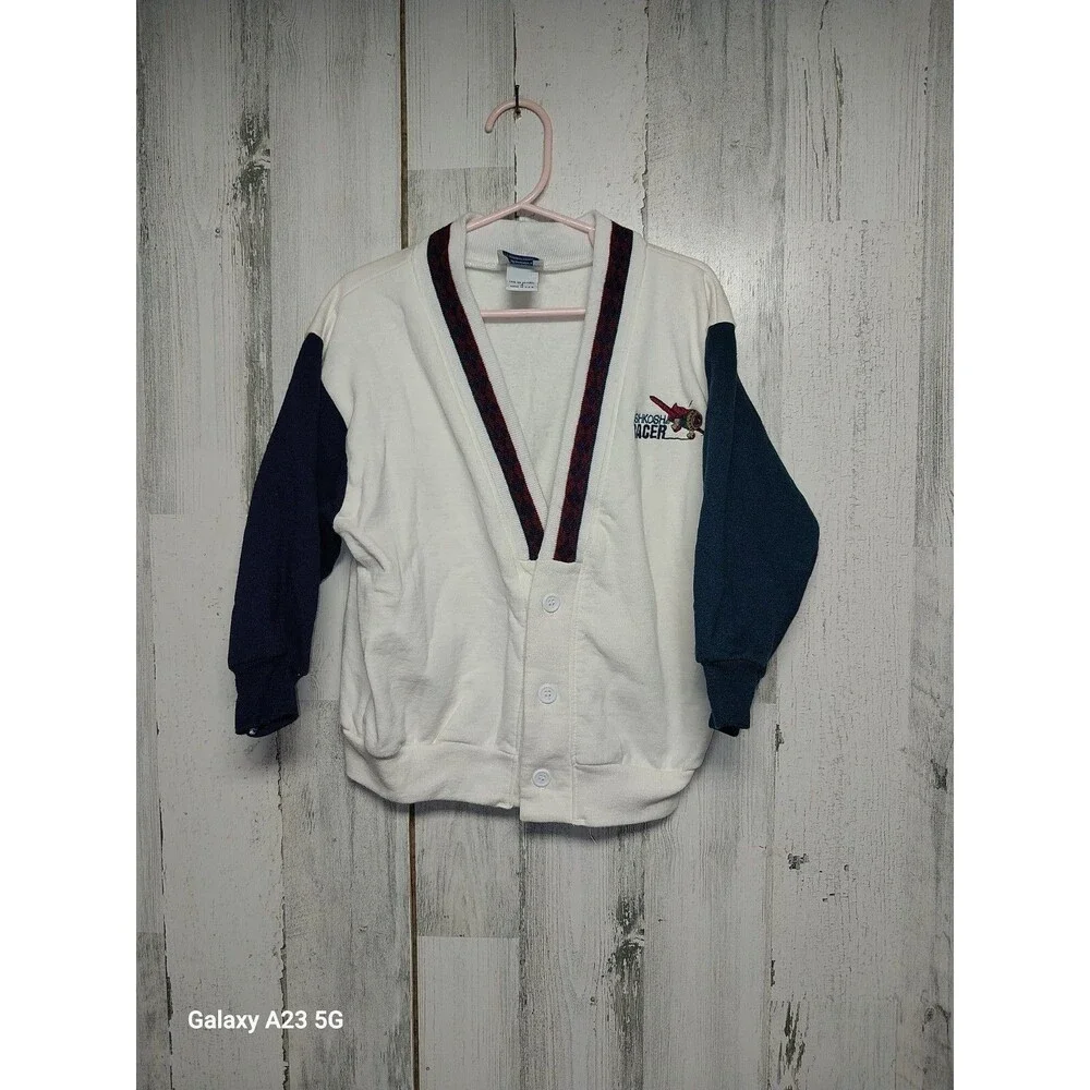 Vintage Oshkosh Racer Embroidered Airplane Cardigan Sweatshirt Size 4 Boys